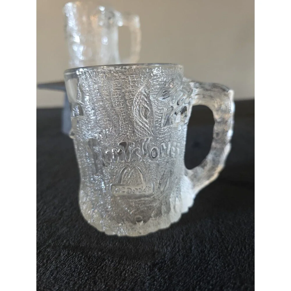 2 McDonalds Flintstones Glass Mug 1993 Clear Frosted TREE MENDOUS MUG RocDonalds